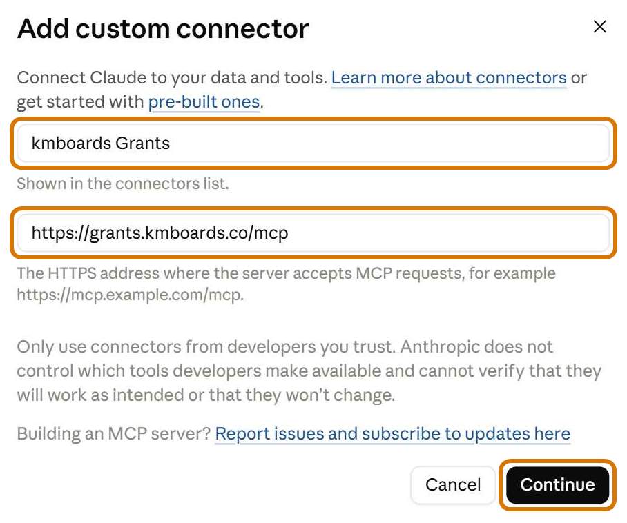 The Add custom connector box in Claude, with kmboards Grants as the name, the link pasted in the second box, and the Continue button.