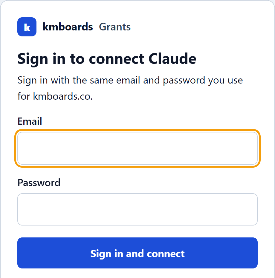 The kmboards sign-in page: email, password, and a Sign in and connect button.